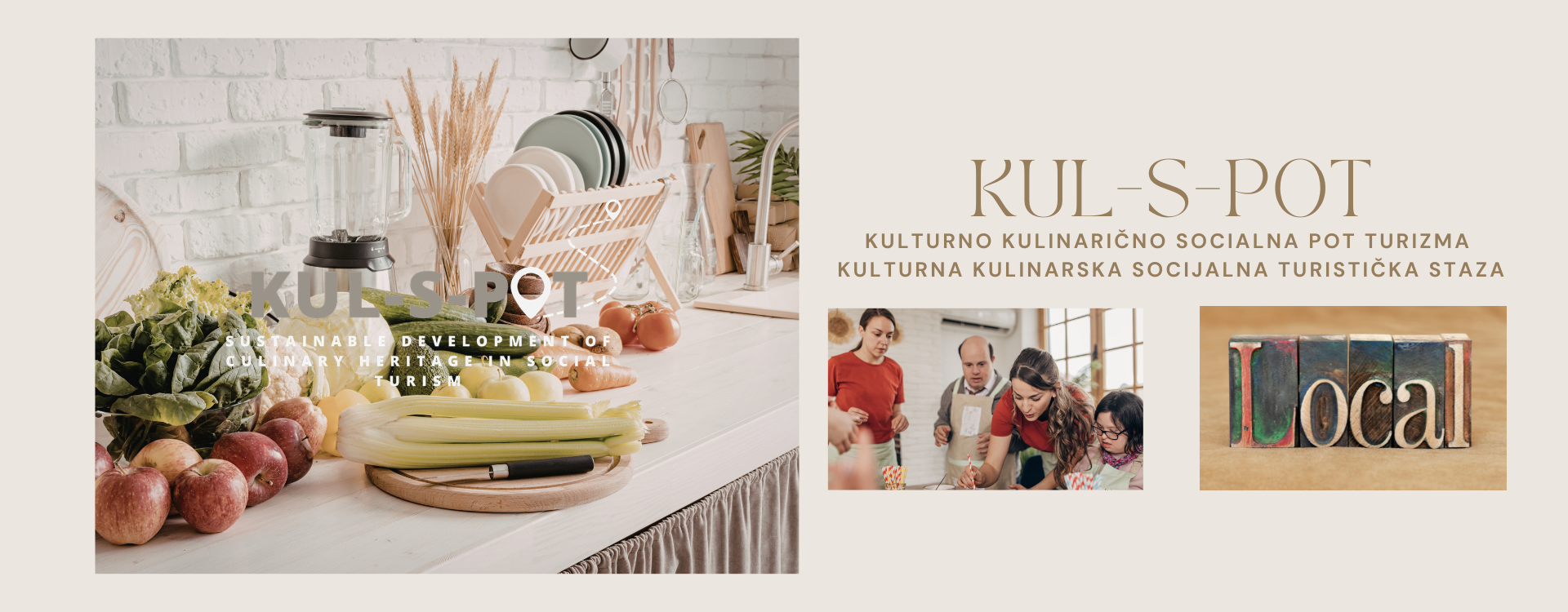 Napis kul-spot s fotogtrafijami kulinaričnih delavnic, surovinami in opremo