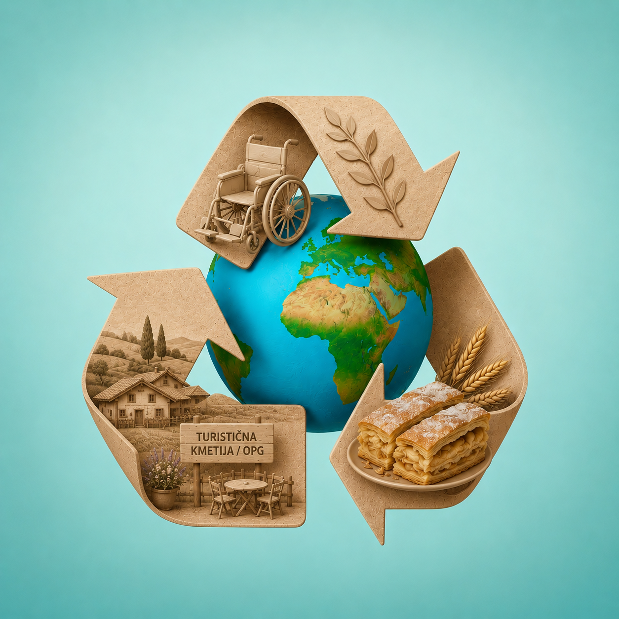 Circular illustration showing tourism, people with disabilities, local farms, and traditional cuisine connected through sustainable cooperation.