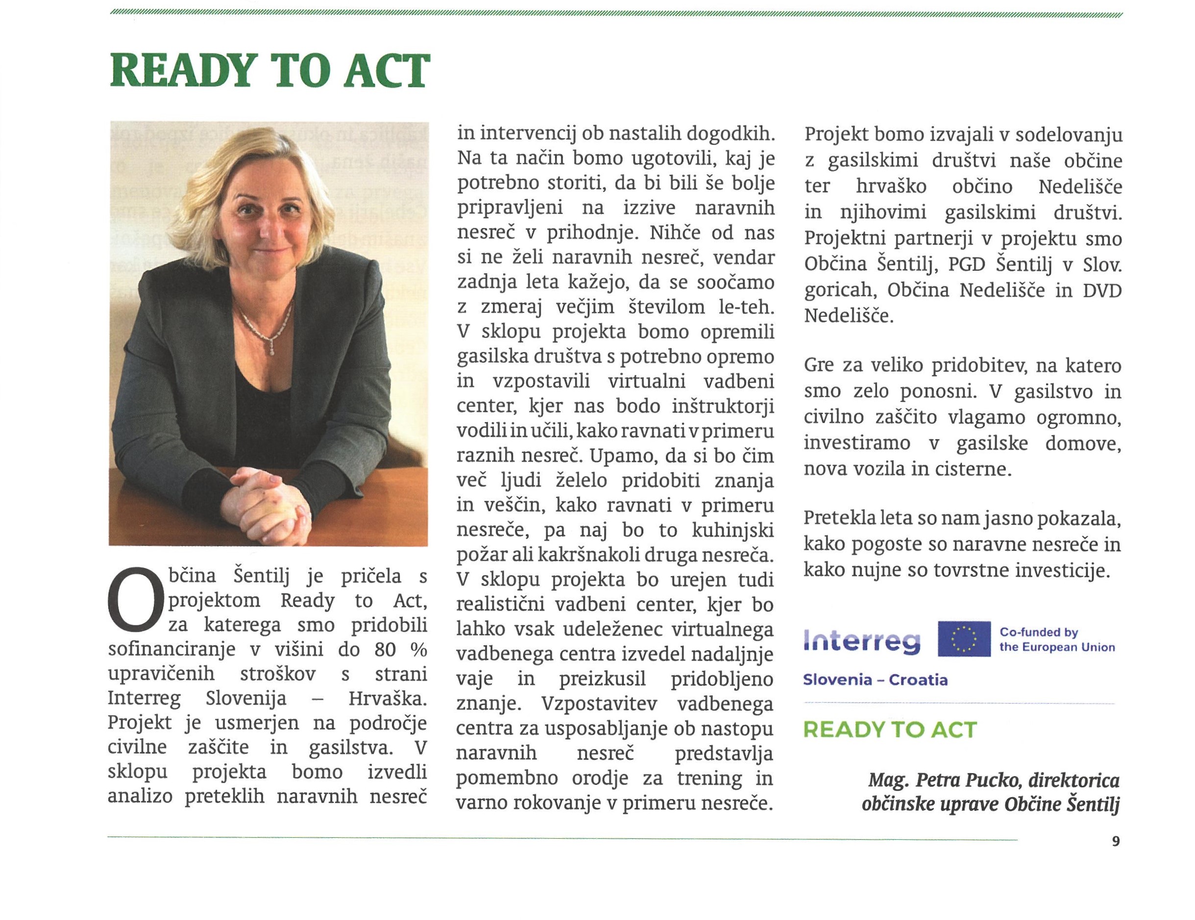 objavljen članek o projektu READY TO ACT v Glasilu občine Šentilj